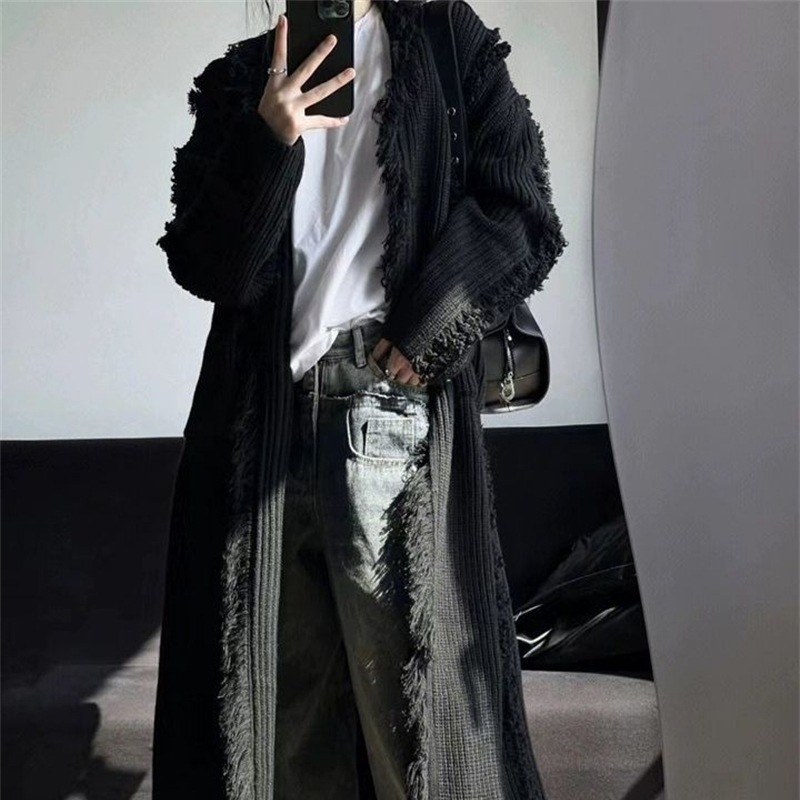欧美跨境针织开衫女秋冬新款慵懒风长款流苏设计感宽松毛衣女大衣|undefined