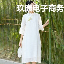 新中式棉麻女装2023新款复古连衣裙夏季气质国风苎麻白仙女裙批发
