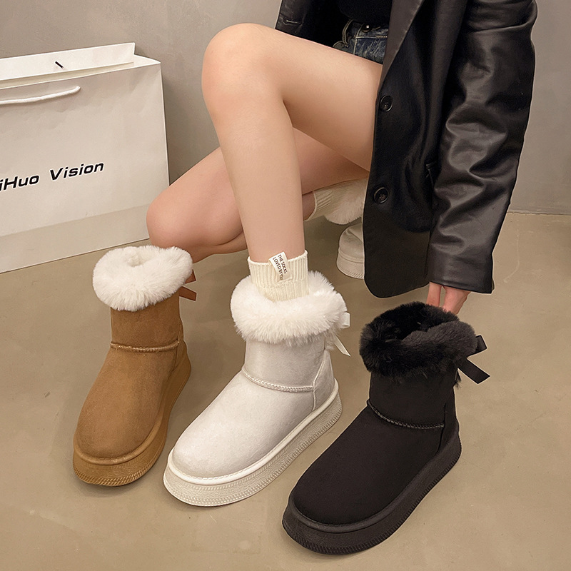 Plush Thickeneded Snow Boots, 2025 Winter New Thick-Soled Furry Bow-Knot Warm Large Size Cotton Shoes