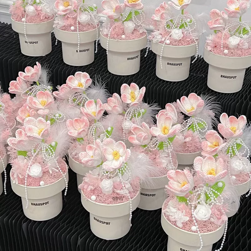 花店批发零售高颜值手工针织郁金香花束盆栽真花成品高档实用礼品