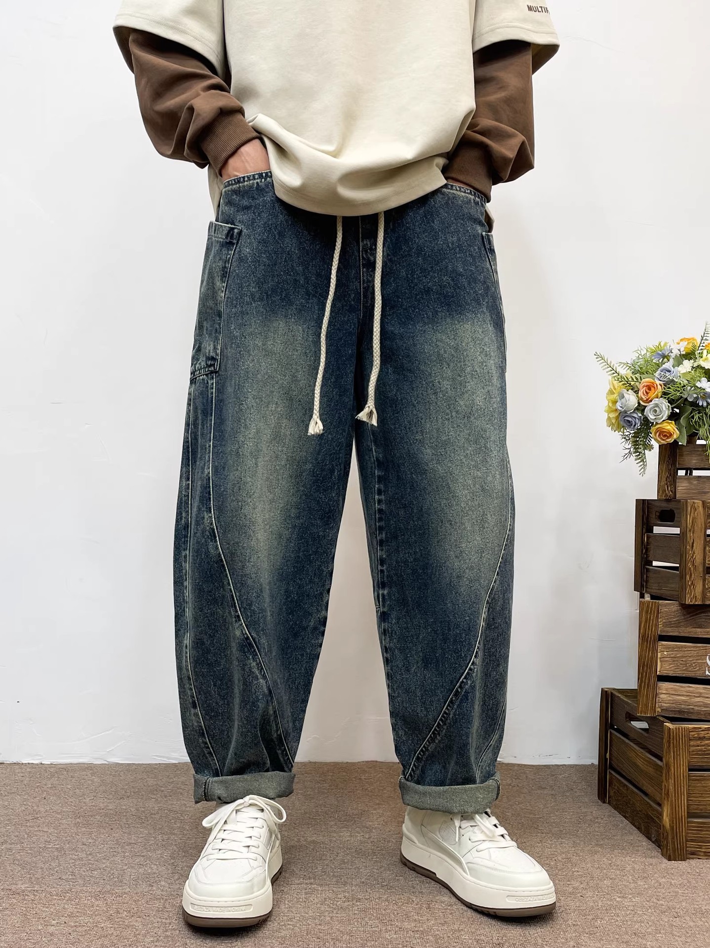 Men's Light Blue Washed Harem Jeans Casual Denim Pants For Men_voghion.com