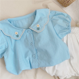 Sweet Embroidered Children's Clothing Girls Summer Clothing Baby Cotton Short-Sleeved Shirt Children's Doll Shirt Top Two-Piece Set