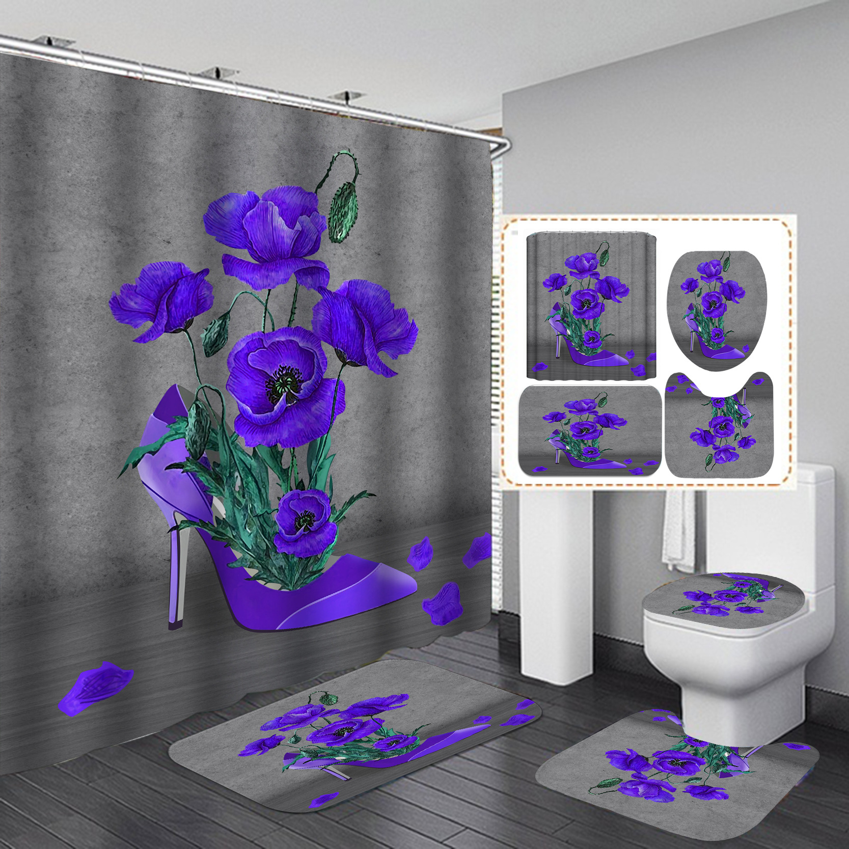 E-commerce transfronterizo HD digital poliéster impresión ducha cortina baño ducha cortina libre C-tipo de plástico colgante anillo 12