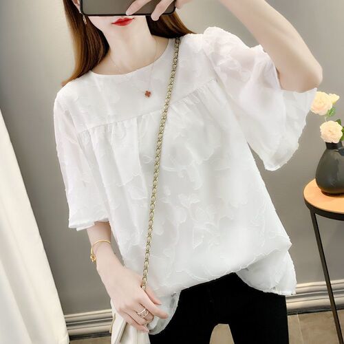 Short-sleeve chiffon blouse for women, spring fashion top, trendy European-style base shirt—early spring edition