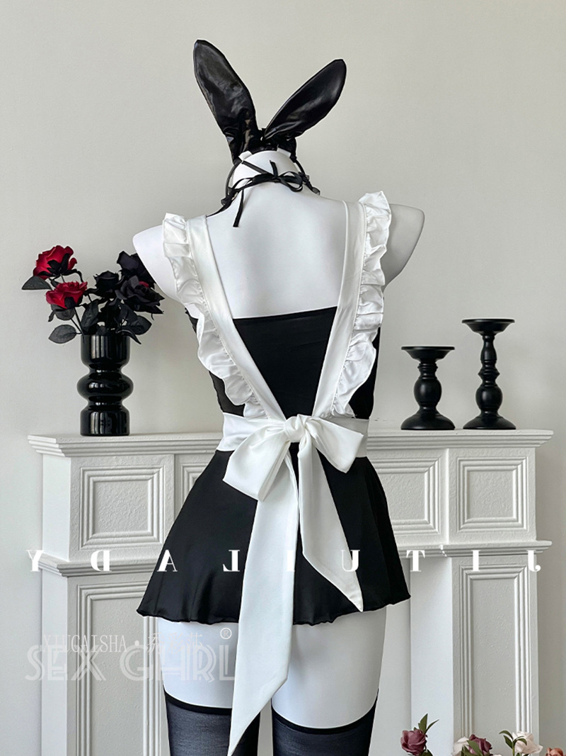 Bunny Girl Maid Apron Lingerie Set with Black Stockings, One Size — detail image 13
