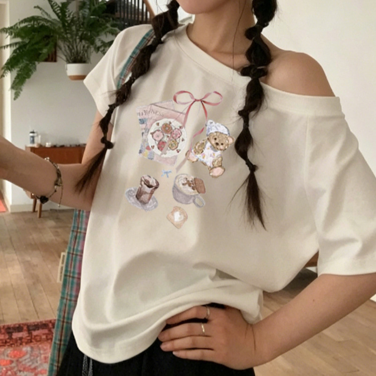 White Off-Shoulder Short-Sleeve T-Shirt for Women, Summer New Cartoon Print, Age-Reducing, Casual Loose Top for Women