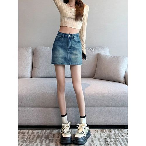 High-end Petite High-Waisted Denim Short Skirt 2025 Elastic Outerwear Distressed Retro Sleeveless Dress Trendy Women