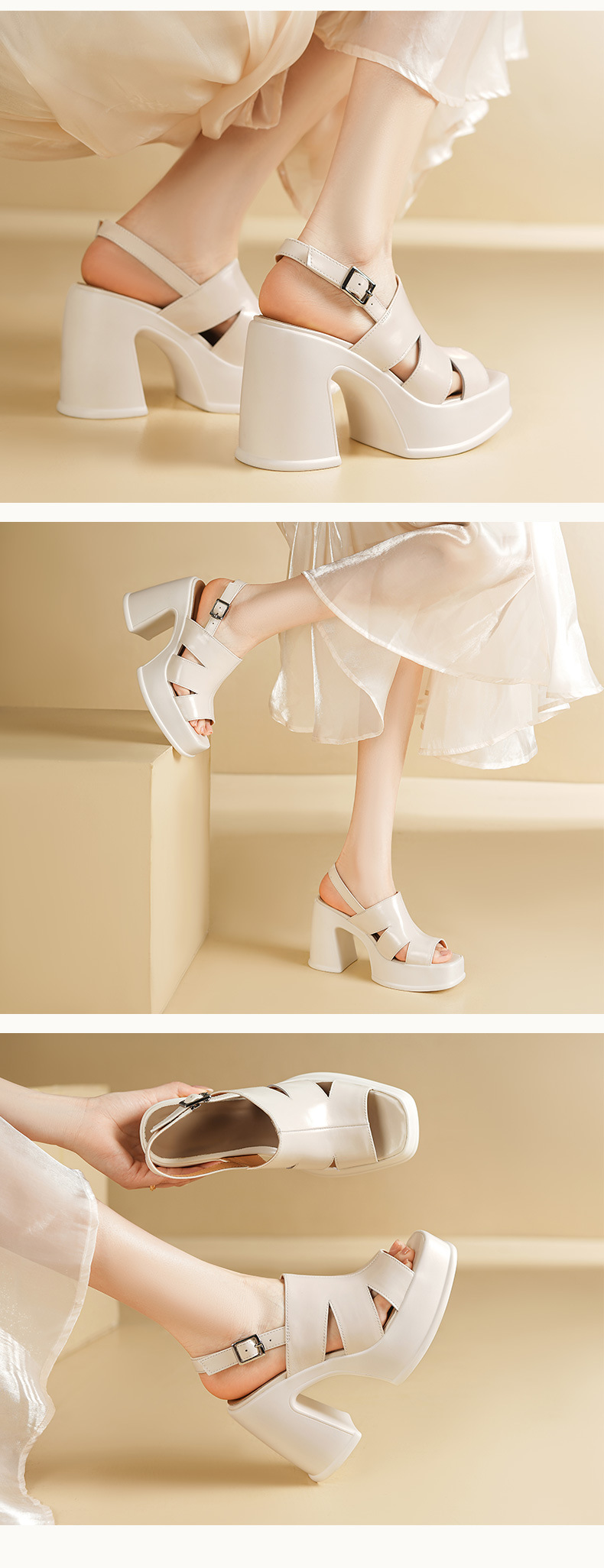 Sandal cao gót nữ hở mũi đế xuồng da thật gót 11 cm quai ngang kiểu La Mã — màu đen, màu trắng ngà chi tiết 4