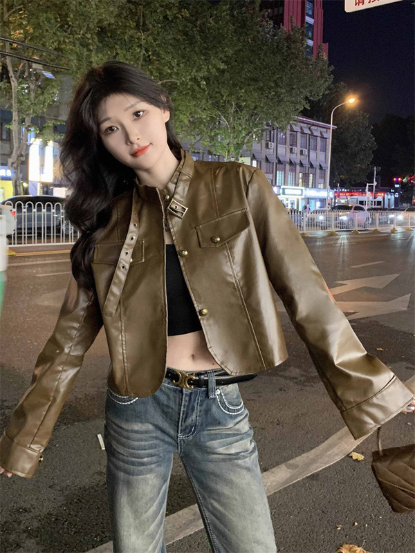 复古港风PU皮衣外套女秋季高街辣妹百搭休闲短款机车服夹克上衣潮|undefined