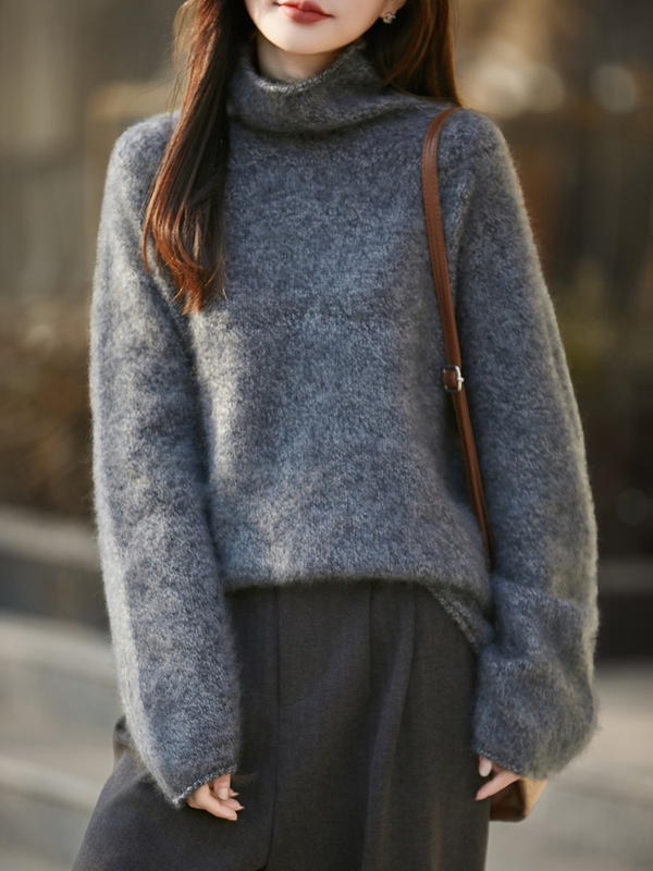 Long-Sleeve Women's Autumn and Winter Cashmere Knit Sweater with a Stacked Collar, Wool Blend, New Style