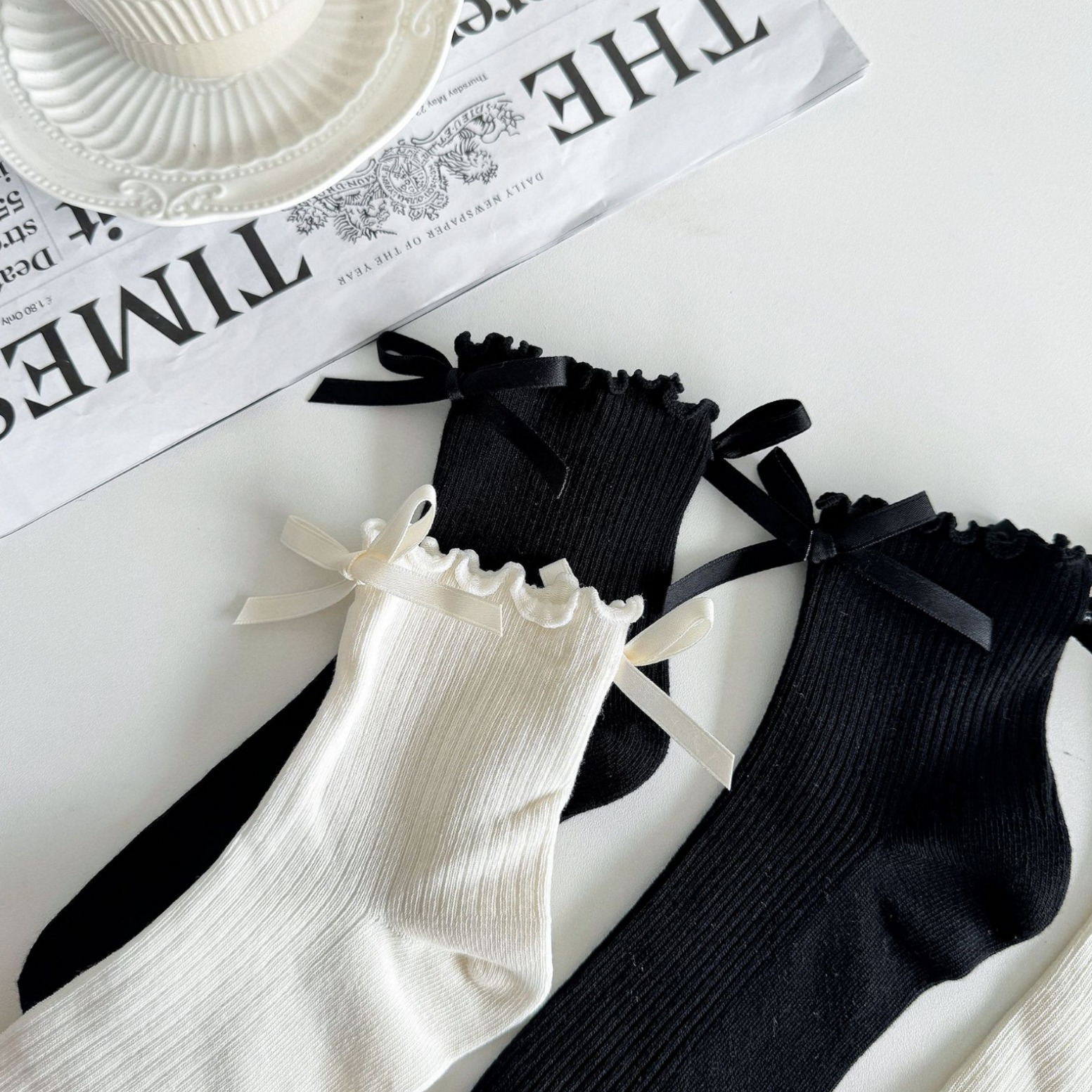 Summer New Arrival Ear Cotton Socks Vertical Short Socks Sweet Simple Style Milk White Bow Ballet Style Girl Socks