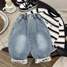 巨洋气软萌~韩版儿童趣味印花翻边春季牛仔裤宝宝宽松直筒休闲裤