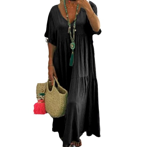 2025 Spring/Summer European and American Style WISH Amazon V-Neck Irregular Multi-Color Multi-Size Long Flared Dress with Short Sleeves