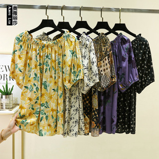 Summer cotton thin T-shirt, with short sleeve, plus size, puff sleeves, open shoulders