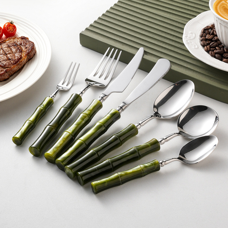 304 Bamboo Stainless Steel Steak Knife, Fork, Spoon, Dessert Fork and Spoon, Acrylic Western Tableware, Coffee Spoon Set