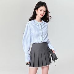 法式长袖条纹衬衫2025感小众新款设计花边上衣小香风衬衫女