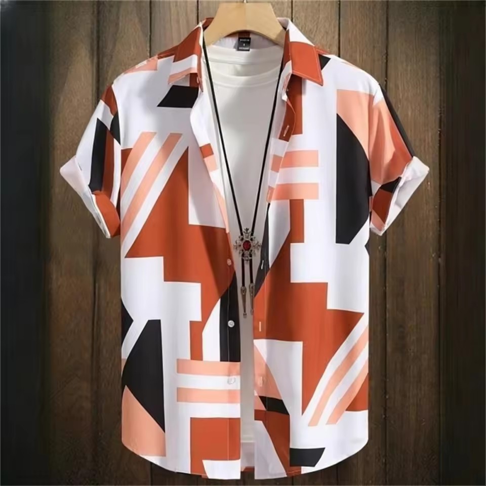 Camisa hawaiana de solapa de un solo pecho de manga corta suelta para hombre, estampado geométrico simple en color de contraste 3D
