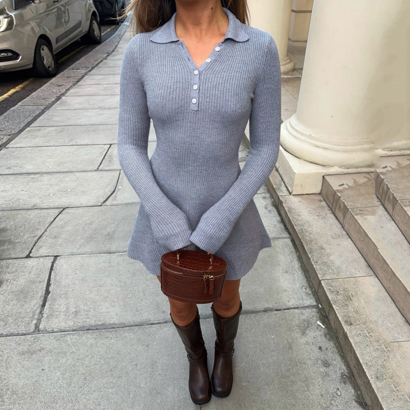 亚马逊欧美气质优雅纯色POLO领长袖连衣裙女修身显瘦针织毛衫短裙|undefined