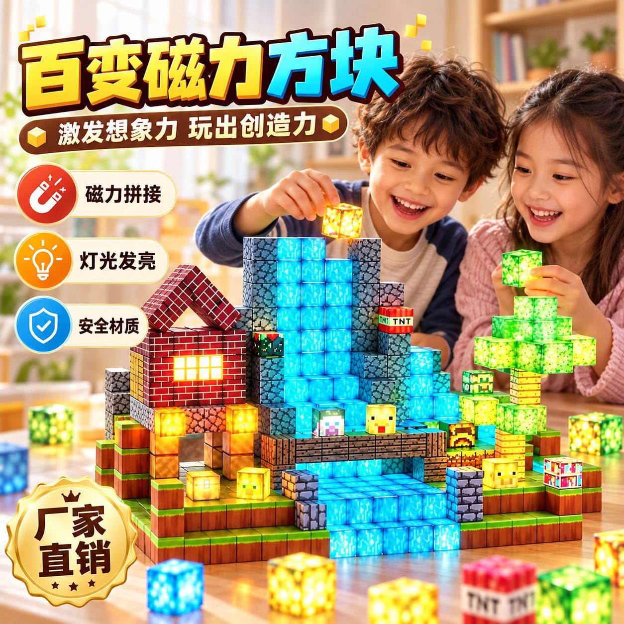 新款渐变灯光磁力方块世界DIY拼装磁吸场景搭建儿童益智玩具批发
