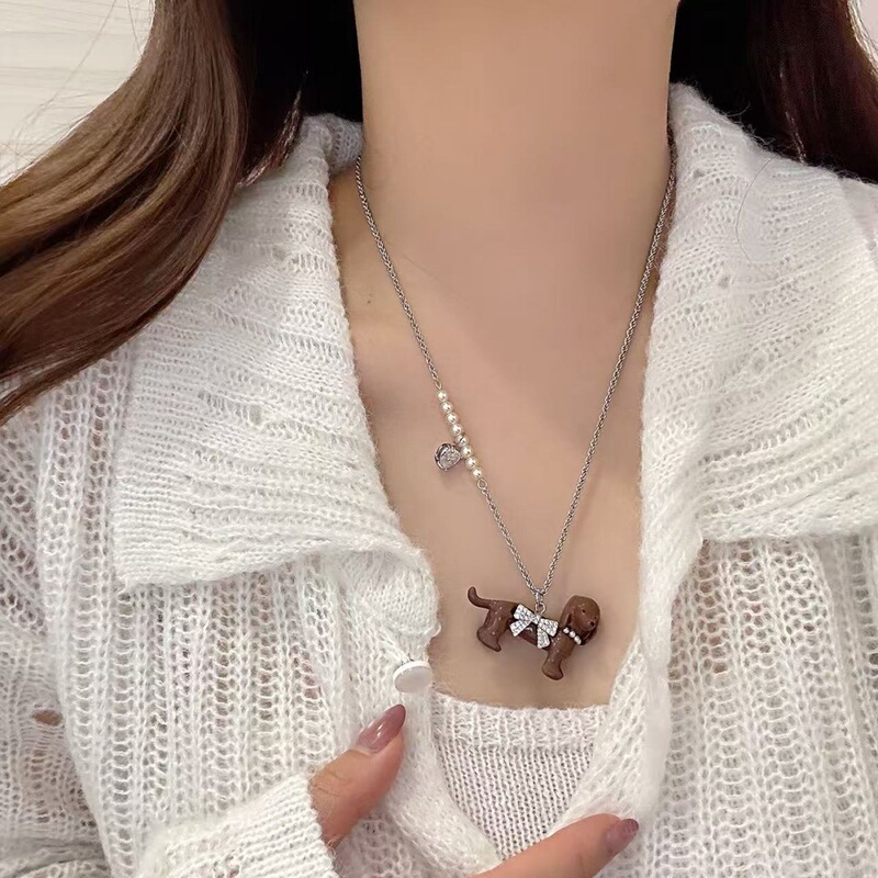 淘宝新品赵露思同款轻松精致小狗吊坠锆石珍珠项链百搭可爱锁骨链|undefined