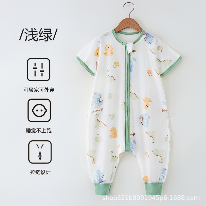 Summer Short-Sleeved Cotton Sleepwear for Men and Women, Children's One-Piece Romper, Anti-Kick Zipper Summer Sleeping Bag