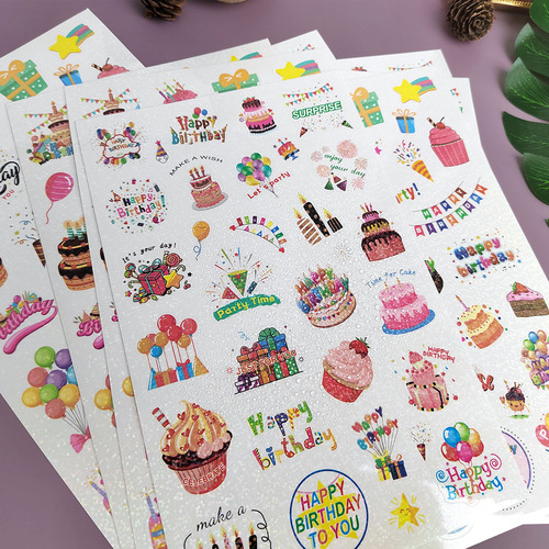 Happy birthday sticker leaflet ins laser flash large cake party decoration gift computer birthday sticker