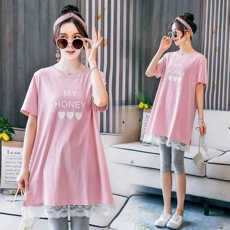 Беременные женщины летнее платье прилив горячая мама 2024 весна и лето мода повседневная повседневная средняя длинная свободная футболка дикий топ