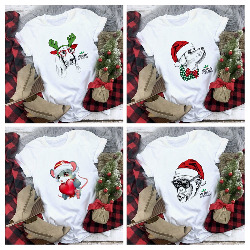 Christmas T shirt New Christmas cute animal Christmas clothes printed T-shirt men's and women's short-sleeved T-shirt