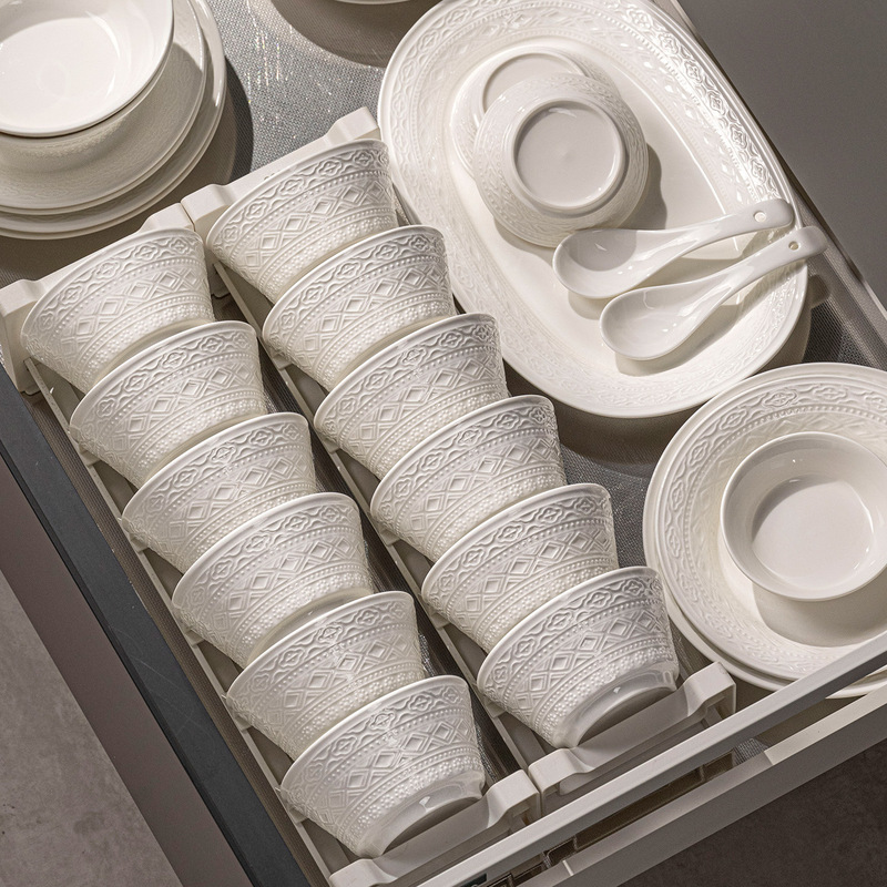 2025 Embossed Light Luxury Ceramic Household French Style High-End Underglaze Color Bowl, Chopsticks, Plate, Dish Set Tableware Gift White Porcelain