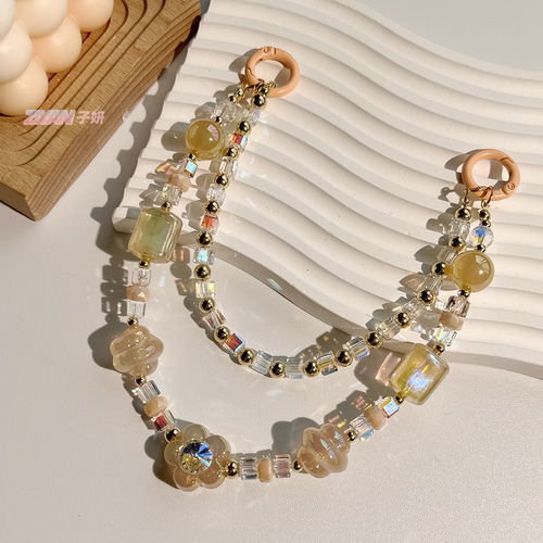 Double layer round bead crystal twist bead mobile phone chain girl handmade DIY beaded hanging chain flower anti-lost mobile phone back clip chain