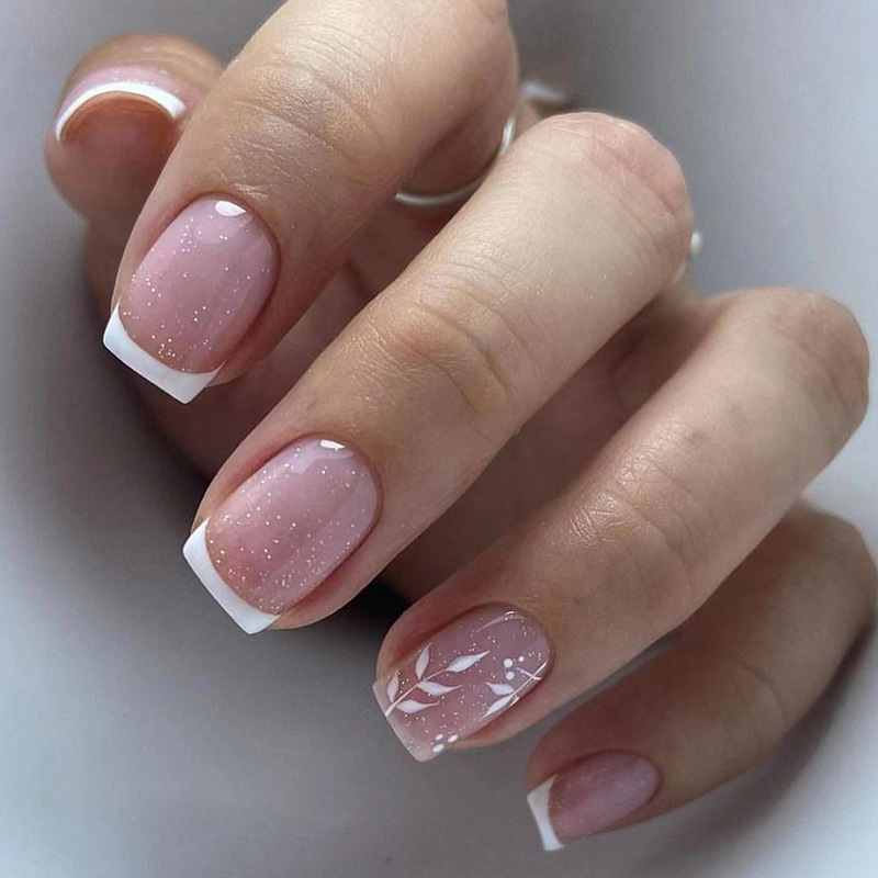 Short Simple White French Fake Nail Natural Light Luxury Style Nail Pie Powder Glitter Powder Spring Romantic Nail Pie