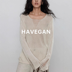 与间HAVEGAN/秋季v领天丝亚麻长袖设计感针织衫女宽松老钱风上衣