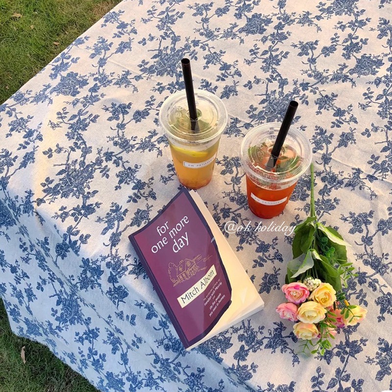 ins Style Vintage Fresh Blue and White Blue Rose Cotton Linen Tablecloth Desk Homestay Korean Style Decorative Hanging Cloth Picnic Cloth