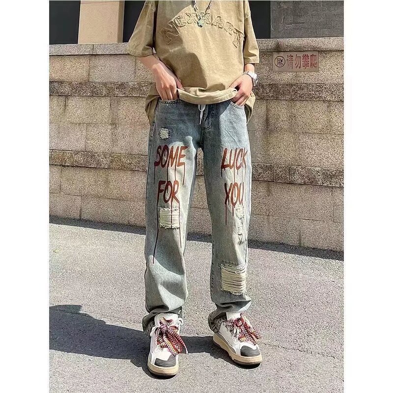 American Street Niche Ripped Jeans Letter Print BF Retro Hip Hop High Street Loose Casual Trousers Men