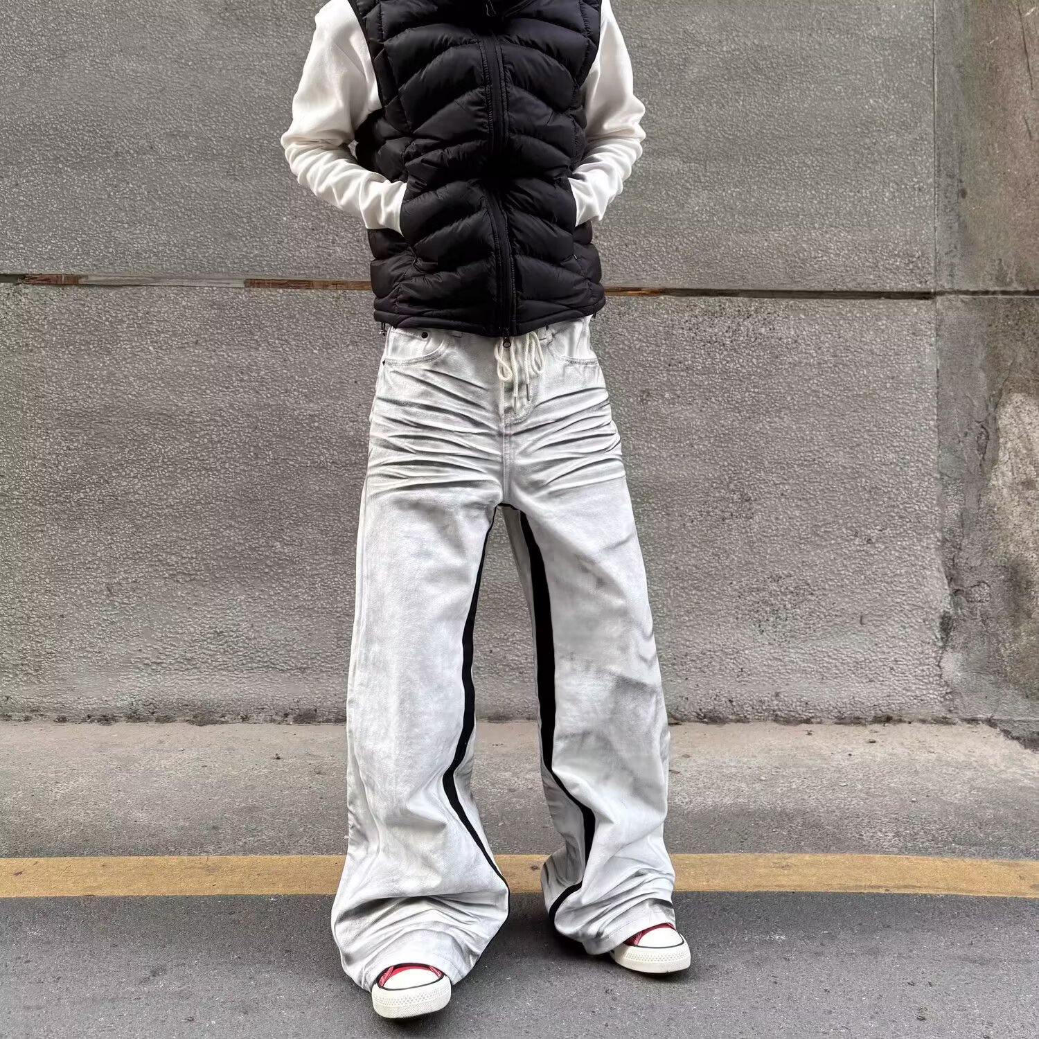 Men's Trendy Handsome Wide Leg Pants White Jeans Loose Straight Drape Dyed Distressed Washed Pleated Brand_voghion.com