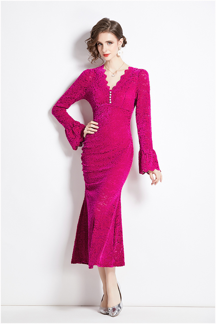 slim fit dress slacks Autumn Long Sleeve Retro Jacquard Mid-Length Dress -Oli L [55-60 kg] / Pink