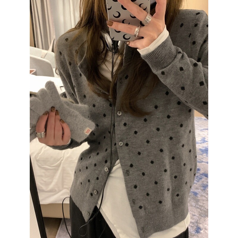 Contrast Color Polka Dot Single-Breasted Sweater Cardigan for Women Autum Chic Soft Waxy Velvet Design Jacket Knitted Top