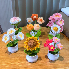 完成品手編みすずらん盆栽家庭装飾品ニット模造花毛糸鉤織ヒマワリの花束