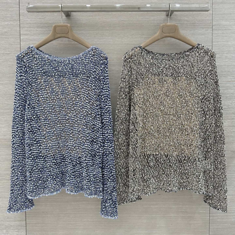 Cross-Border European and American Fashion Women's Holiday Mesh Crochet Long-Sleeve Two-Piece Knit Sweater Women's Top Long-Sleeve