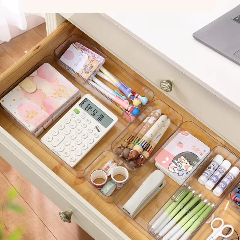 家用桌面抽屉收纳盒分格文具整理小盒子可叠加透明PET办公置物盒