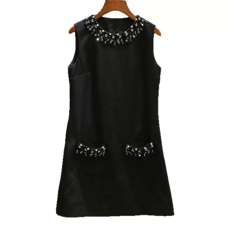 SP家春夏新款气质千金风高级感精致圆领重工钉钻无袖直筒连衣裙女