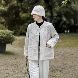 2025冬季新款新中式提花盘扣棉服女复古文艺宽松短款夹棉外套