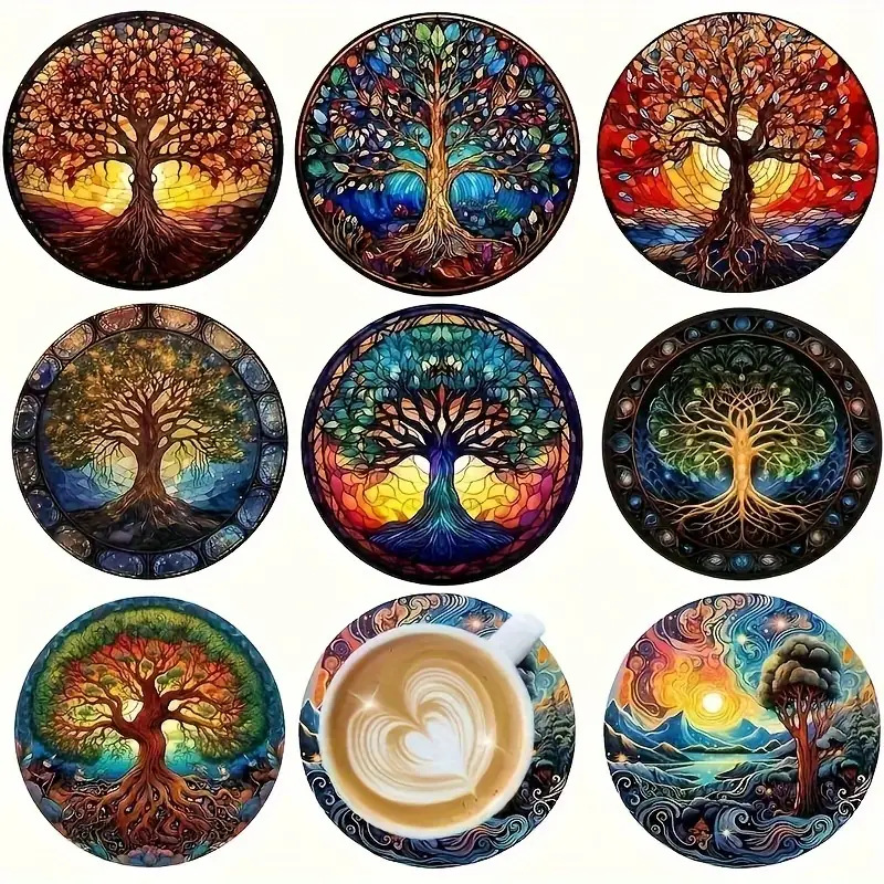 8 piezas de almohadilla de aislamiento térmico almohadilla de tazas de mesa a prueba de quemaduras almohadilla de tazas de madera de la vida almohadilla de bebidas almohadilla de comedor antideslizante