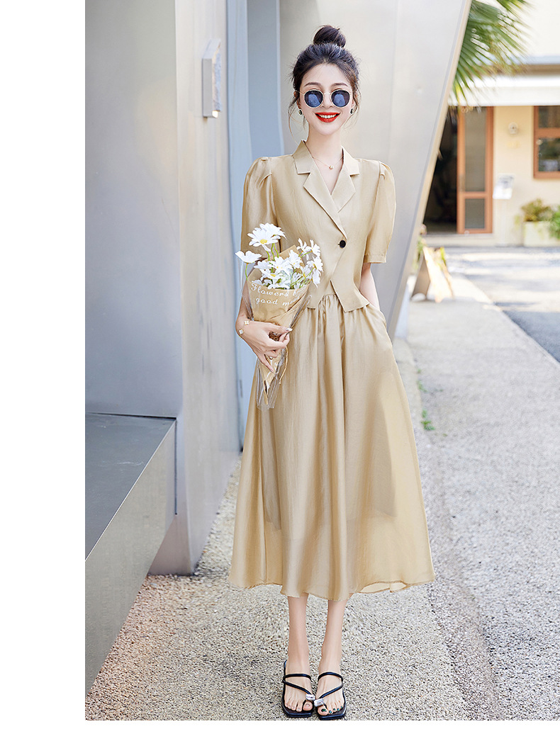 Bộ đồ Tencel nữ hai mảnh gồm áo và chân váy midi thắt eo — Màu đen, Màu xám, Màu kaki chi tiết 10