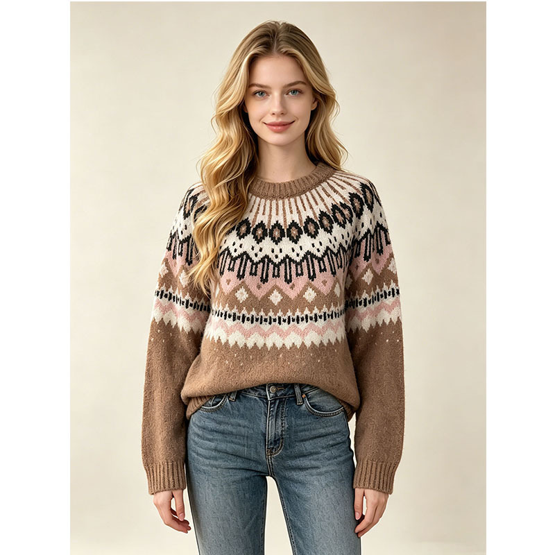 Cross-Border Autumn and Winter Nordic Fair Isle Jacquard Sweater, Women's Loose Lazy Style Round Neck Pullover Knit Top