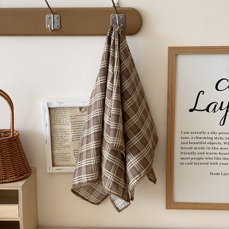 Bolsa a cuadros, pañuelo en la cabeza, niña de verano, estilo pastoral de primavera y verano, bufanda de seda francesa, bufanda cuadrada pequeña, bufanda pequeña, bolsa de toalla de seda, cinturón