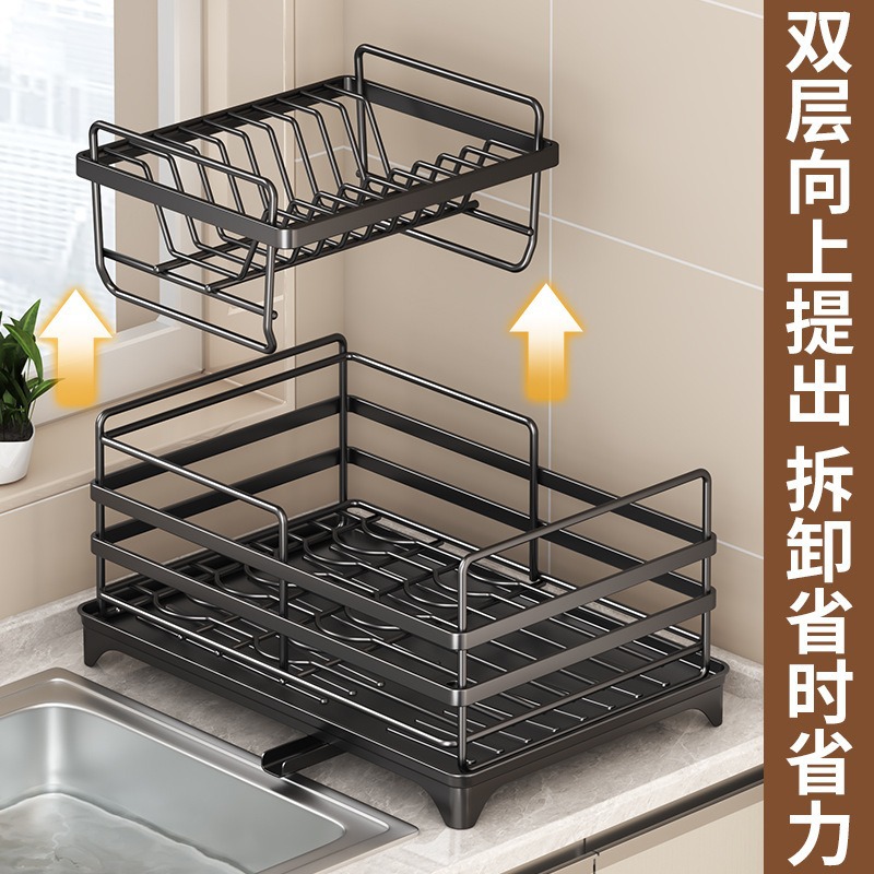 Estante de almacenamiento de cocina multifuncional de descarga automática de platos de almacenamiento de platos de drenaje de agua con bandeja de recepción de agua palillos barril de tablero de corte estante de almacenamiento