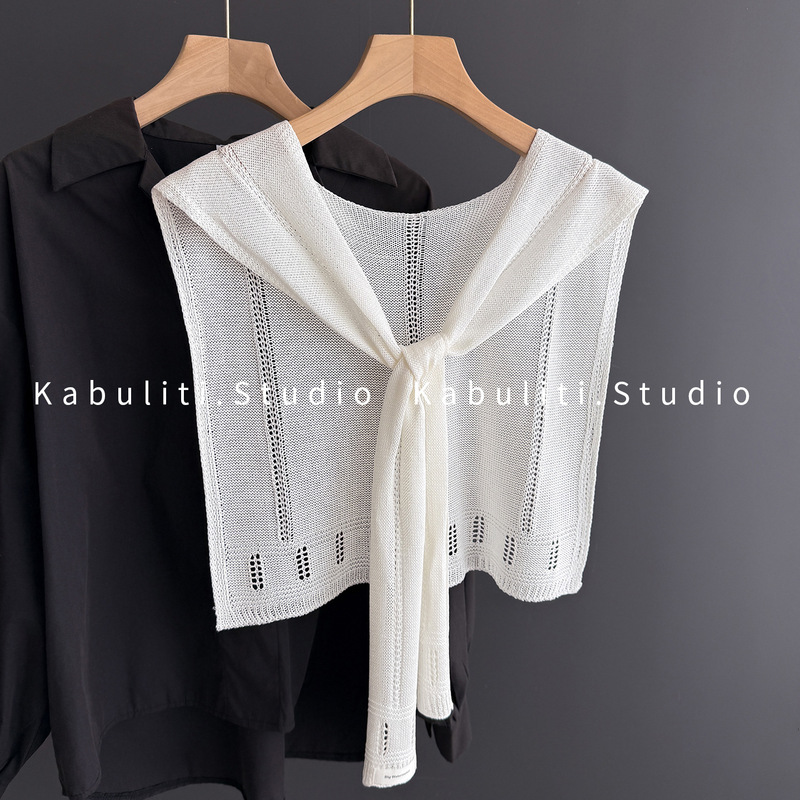 Women's Off-White Knitted Shawl for Office Air-Conditioned Room Neck Protection Vest Thin Scarf with Shirt and Skirt