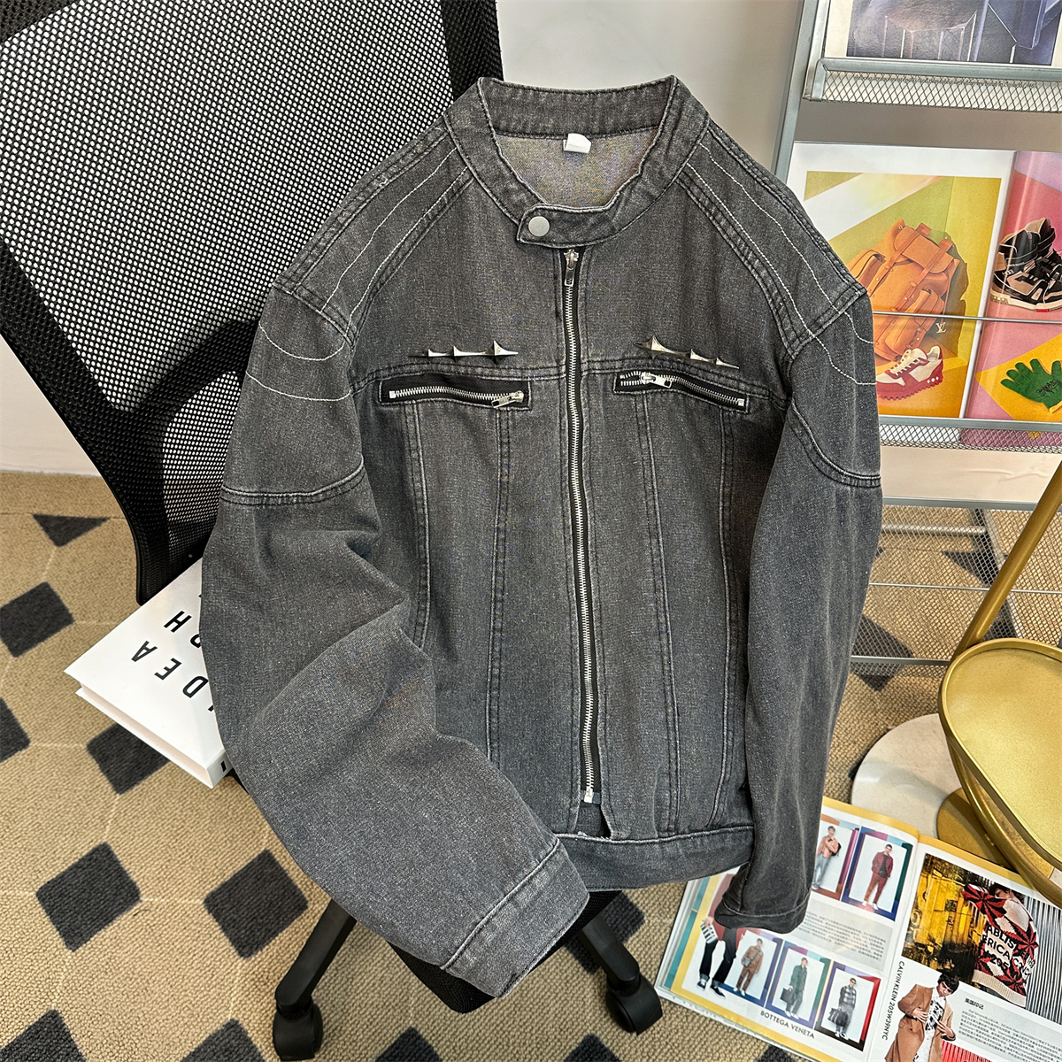 Chaqueta de mezclilla retro americana para hombre, chaqueta suelta de marca de moda de primavera y otoño, diseño de nicho, chaqueta de herramientas con cremallera