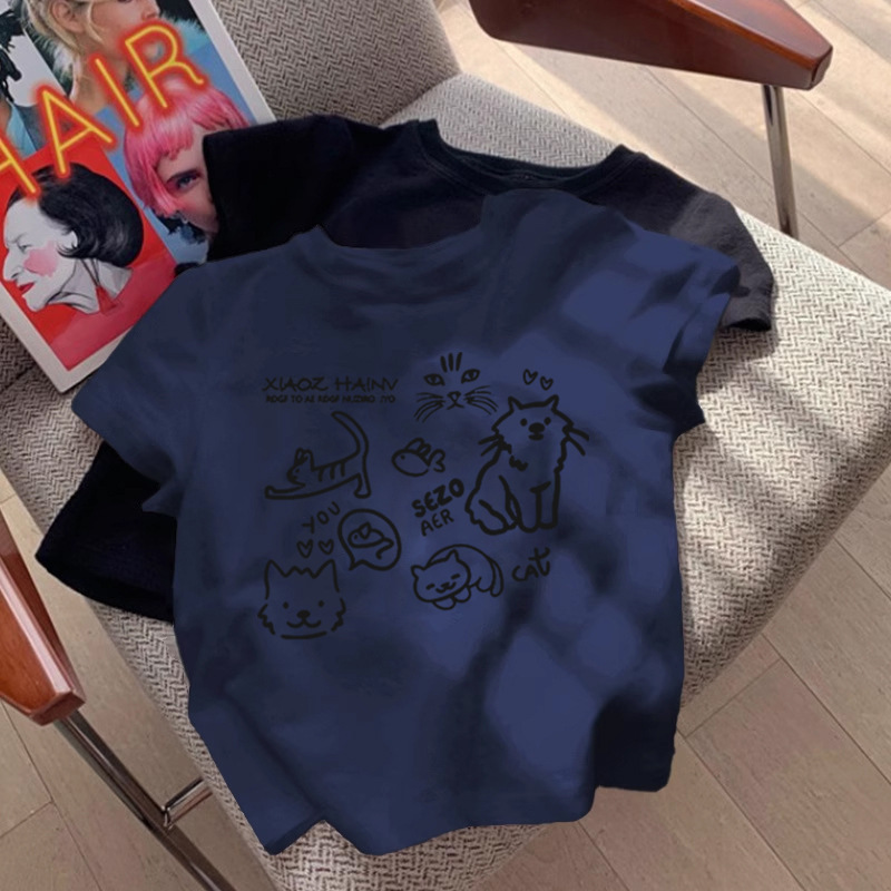 グレーの純綿半袖tシャツアメリカのプリントの正肩の丸首はスリムに見えます。|undefined